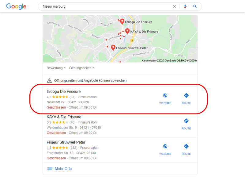 Beispiel Local SEO - Suchergebnisse bei Maps