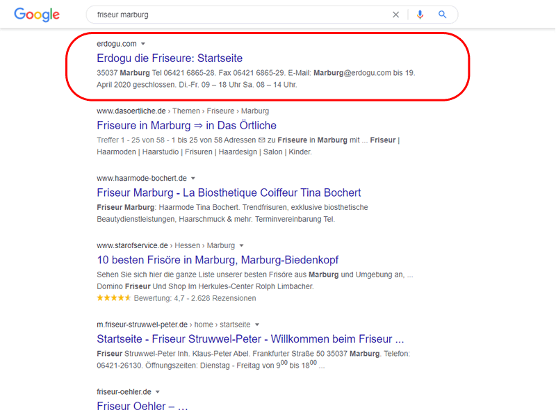 Beispiel Local SEO - Normale Suchergebnisse